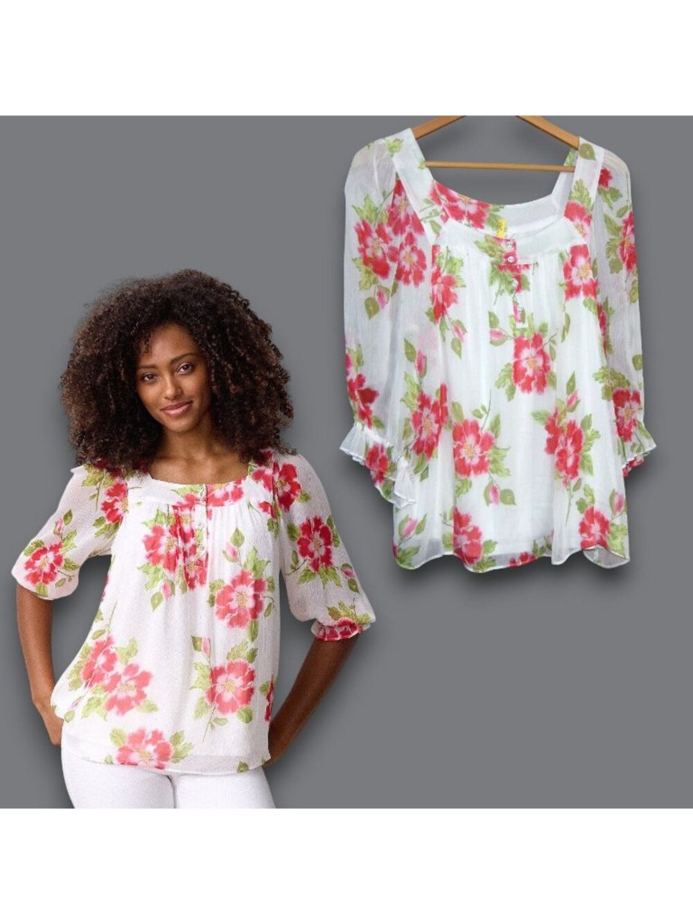 LC Lauren Conrad Women's Sz XL Henley Puff Sleeve Peasant Top Blouse